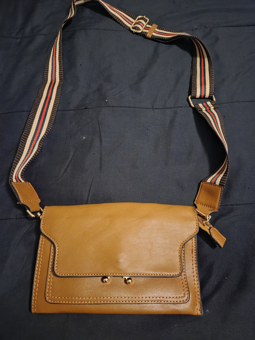 Women's Tan Leather Crossbody Bag with Adjustable Stripe Strap